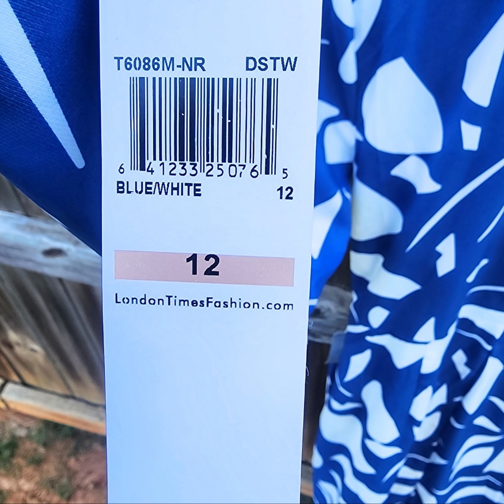 London Times Blue and White Long Sleeve Faux Wrap Dress, Size 12 - Picture 10 of 12